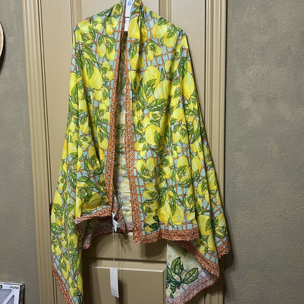 WOW 🤯 CALYPSO St. Barth Large Tuscan Lemon Print Embroidered Cotton Scarf, NWT